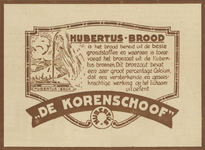717251 Advertentie voor Hubertusbrood van Mij. De Korenschoof, bakkerij, Kaatstraat te Utrecht.